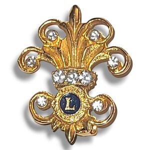 Vintage Lions Club Rhinestone Fleur‎ De Lis Gold Tone Lapel Pin Brooch